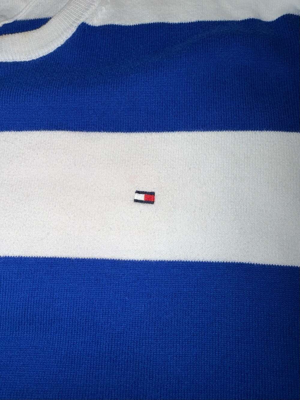 Tommy Hilfiger Men's Blue and White Rugby Striped Crew-Neck Pullover Sweater - Picture 4 of 5